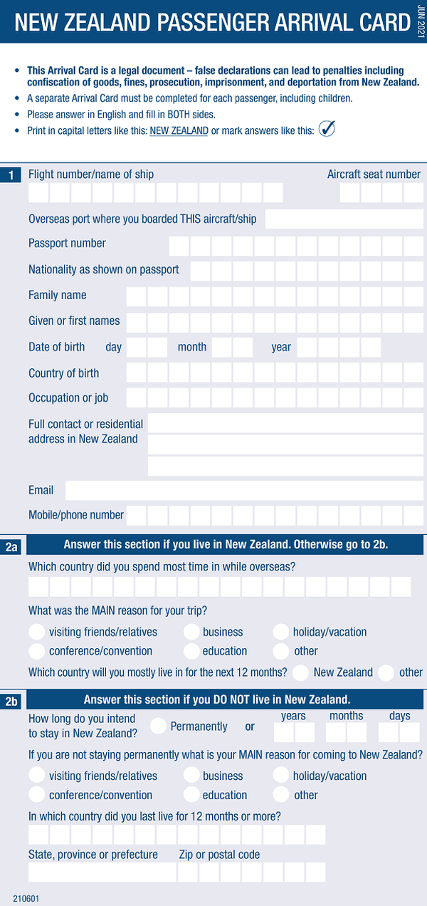 ニュージーランドの入国カード 英語版 1